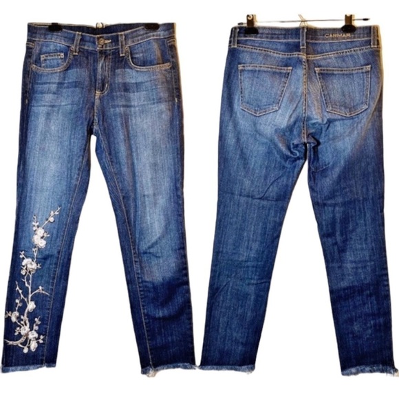 CARMAR Floral Embroidered Raw Hem Ankle High Rise Jeans, Size 26 - Picture 10 of 13